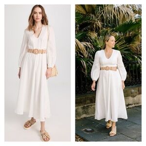 ZIMMERMANN Cira V Neck Plunge Long Sleeve Linen Midi Dress White, Size 8-10